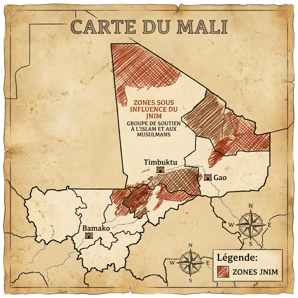 Carte du Mali montrant les zones sous influence du JNIM marquées en rouge