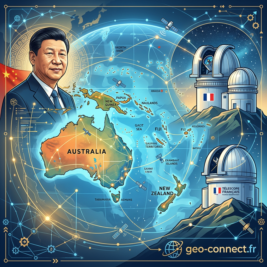 Map of Australia, New Zealand, and Pacific islands with Chinese leader and French telescopes