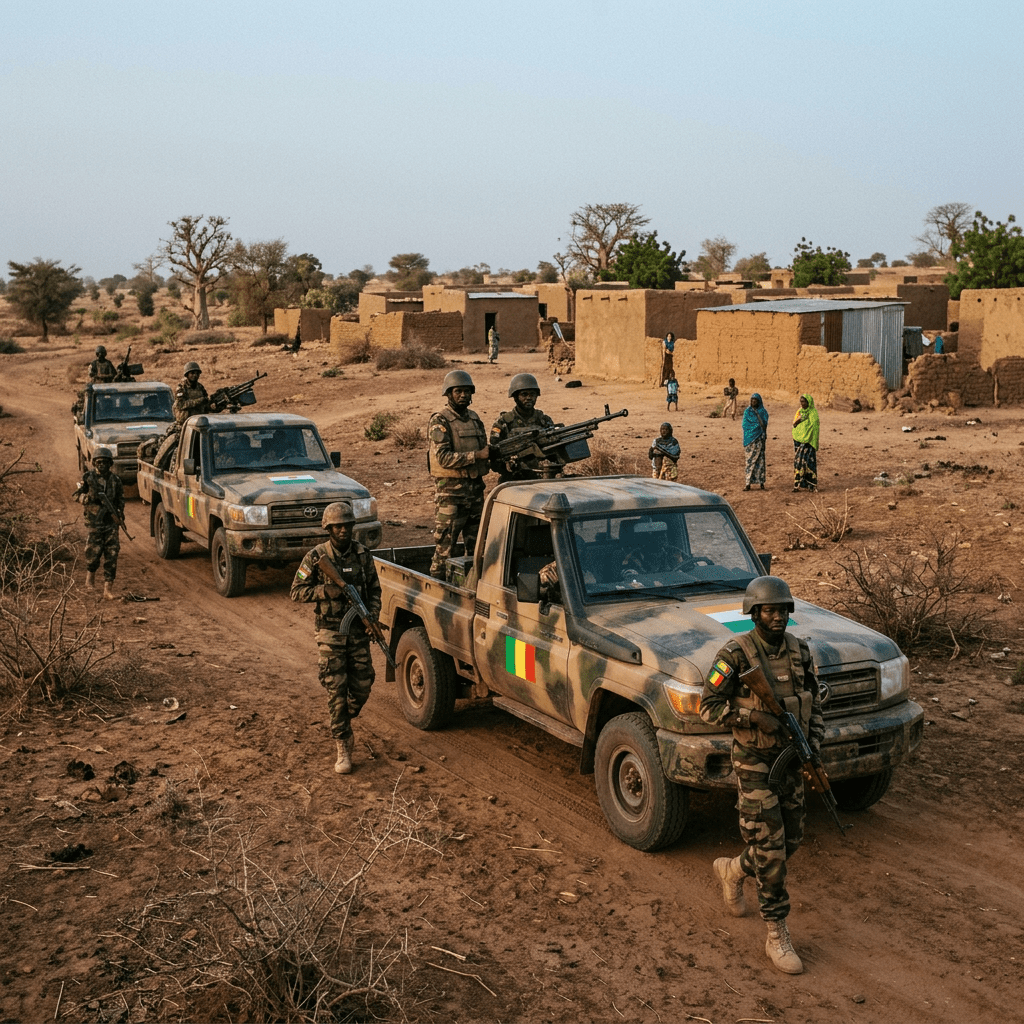 Malian soldiers armed and patrolling rural village dirt road with camouflaged vehicles